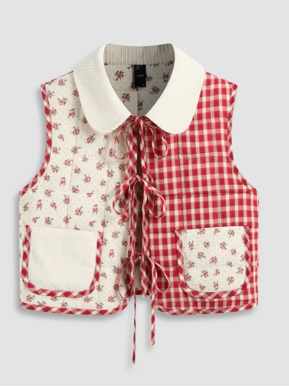 NWT CIDER OVERSIZED CONTRAST CHECK TIE FRONT BOW VEST